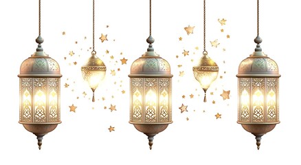 A set of ornate Arabic lanterns with golden patterns and stars, designed for Ramadan. Features a pastel color palette and hyper-realistic details on a white background, perfect for banners.