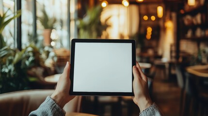 In a warm cafe, hands delicately cradle a black digital tablet PC, its white blank screen reflecting the cafe inviting atmosphere, a testament to the power of technology and human creativity in the