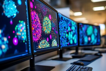 Monitors display vibrant, animated virus and protein models in a research setting, with a blurred office in the background. Scientific visualization in action. High resolution.