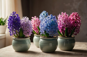Fototapeta premium Colorful hyacinth flowers in decorative pots arranged on a table in a bright indoor setting