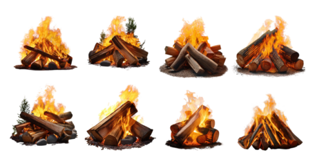 Collection of Campfires with Flames and Logs on Black Background, PNG bundle collection, Isolated on Transparent Background
