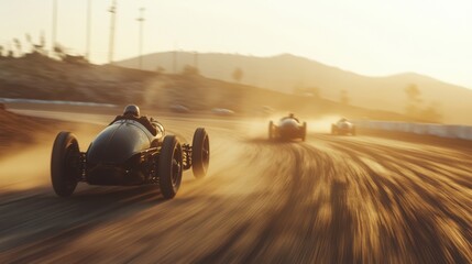 Vintage race cars speed on a dusty track at sunset, capturing excitement and nostalgia of classic automotive racing.