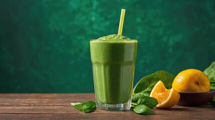 Refreshing green smoothie made with spinach and orange on rustic wooden table