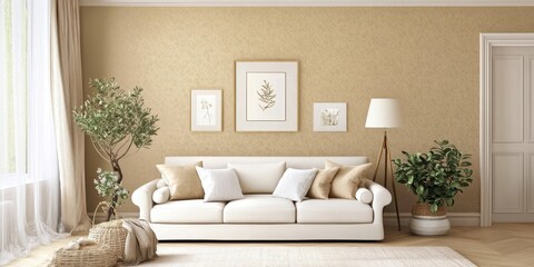 A contemporary living room featuring a white sofa and plants