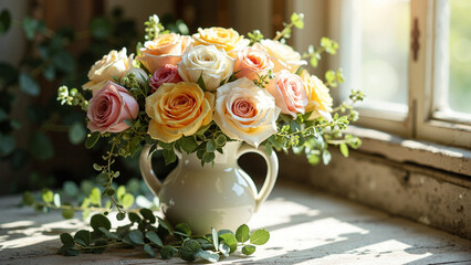 Vibrant Easter Roses in Vintage Vase: Perfect for Holiday Marketing, Event Planning, and Home Décor Promotions