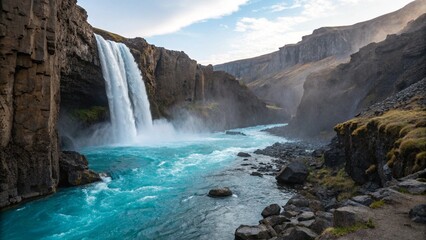 "An azure waterfall flowing through a narrow gorge, surrounded by jagged cliffs, with a mist rising from the water's base and catching the light."