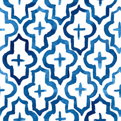 Blue ink quatrefoil ornament, seamless vector pattern in oriental style