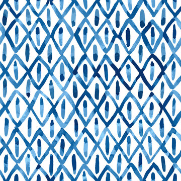Watercolor rhombic diagonal background in blue. Seamless vector pattern