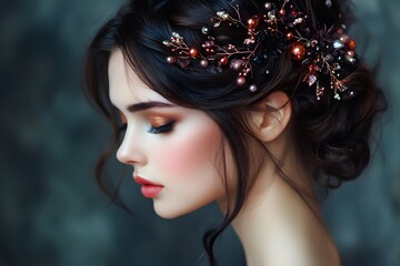 Fototapeta premium Woman with a long dark hair and a black headband. She has red lips and a red dress