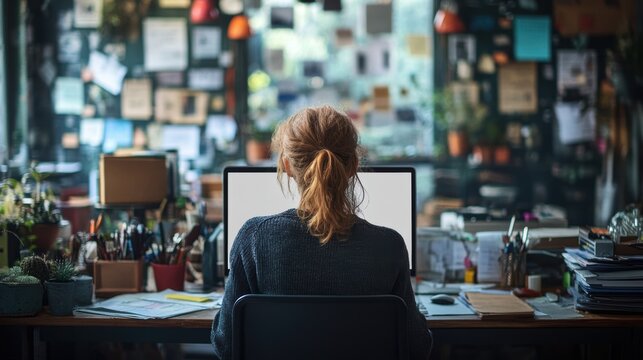 A businesswoman back is turned as she expertly types on a laptop, surrounded by the familiar clutter of an office desk. The screen remains blank, inviting the viewer to imagine the world unfolding