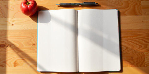 Open blank notebook with apple on wooden table for education blogs, recipe content, and minimalist stationery presentations with natural aesthetics