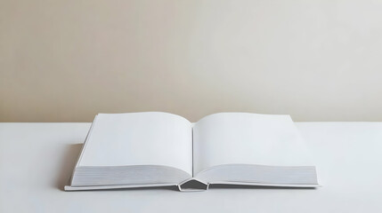 Minimalist Studio Shot Of An Open Book Displaying Blank Pages On A White Table Against A Neutral Beige Background Offering Ample Copy Space For