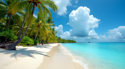 Tropical Paradise Beach White Sand Palm Trees Turquoise Water Blue Sky Sunny Day