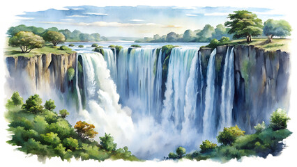 Fototapeta premium Elegant hand-drawn watercolor illustration of Victoria Falls landscape painting on white background, showcasing the beauty and power of nature in vibrant colors