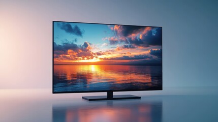 A vibrant 4K flat screen TV, whether LCD or OLED, stands tall against a pristine white background. The screen glossy surface reflects the surrounding environment, while the black bezel frames the