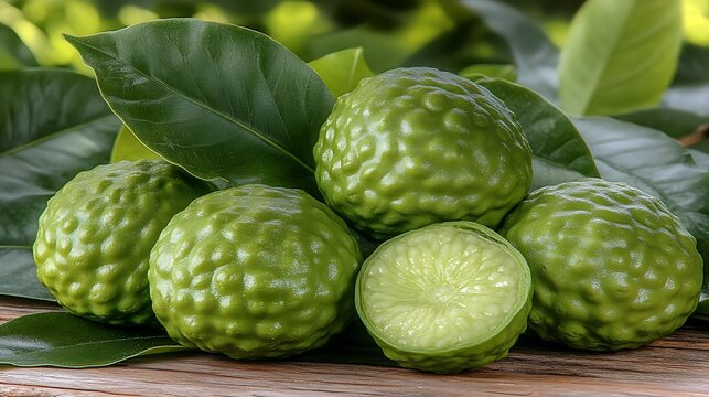 Fresh green citrus fruits are shown with their green leaves