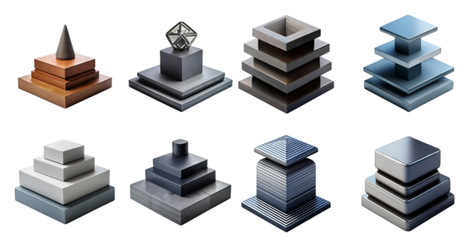 Complex 3D Geometric Shapes with Diverse Textures and Materials, isolated on transparent background