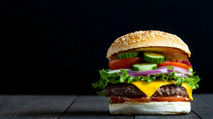 Fresh Juicy Cheeseburger With Beef Patty, Cheese, Lettuce, Tomato, Onion, And Cucumber On A Sesame Seed Bun On A Rustic Wooden Table Against A Dark