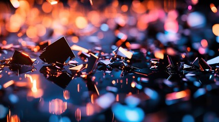 Fototapeta premium Sharp foil fragments scattered across a liquid chrome field