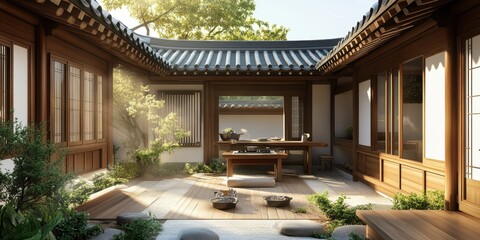 Obraz premium A traditional style wooden courtyard with a tea setup