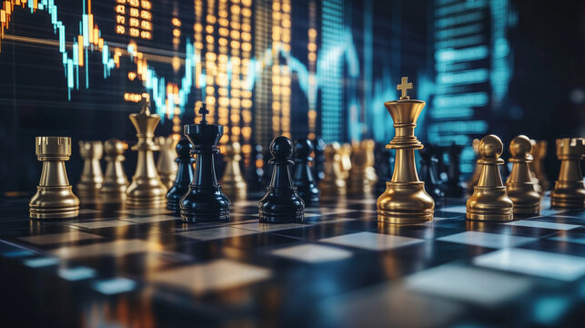 Chessboard strategy with financial graphs highlighting critical market moves and decision-making in investment scenarios