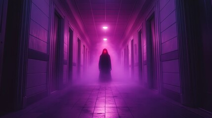 Mysterious Figure in Hallway with Glowing Red Eyes