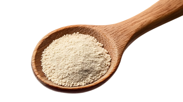 Active dry yeast in wooden spoon isolated on a transparent background