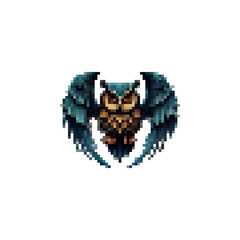 Fototapeta premium Pixel blue owl icon vector. Mystical owl with wings icon. Owl logo in retro style. Owl wings vintage icon vector. Symbol of silence vector. Magical owls logo.
