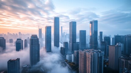 Fototapeta premium The cityscape is hidden under a layer of smog, with CO2 emissions apparent