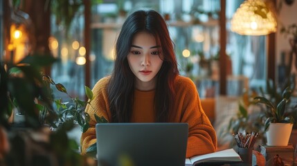 In a cozy, modern home office bathed in the warm glow of a laptop screen, an Asian businesswoman sits hunched over a notebook, meticulously jotting down notes while engrossed in the virtual world.