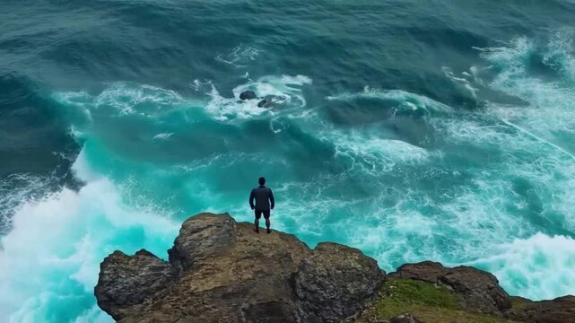Mensch steht auf Felsen vor tobender See