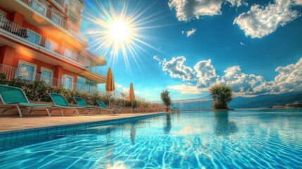 Fototapeta premium Sparkling sunlit poolside at vibrant hotel with elegant loungers and umbrellas