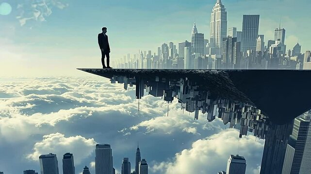 Person steht auf Ende eines Geb&auml;udes in surrealer Stadt