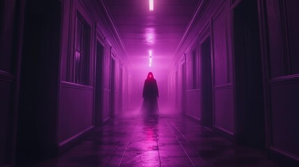 Mysterious Figure in Hallway with Glowing Red Eyes