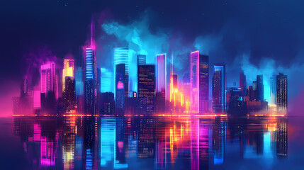 Fototapeta premium Neon cityscape reflection. Vivid Glare. Illustration