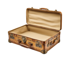 Vintage Brown Leather Travel Suitcase with Brass Hardware and Cream Interior Lining Opened to Show Empty Space Isolated on Transparent and White Background