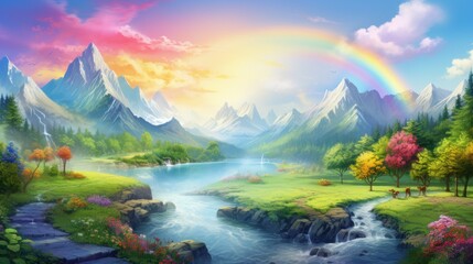Beautiful Landscape with Rainbow and River Flow, AI Generated Clean Lines Illustration