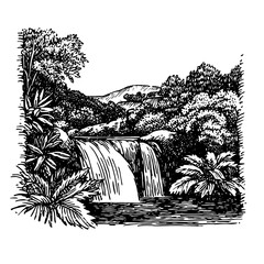 Intricate engraved illustration of a serene waterfall surrounded by lush foliage and tranquil nature