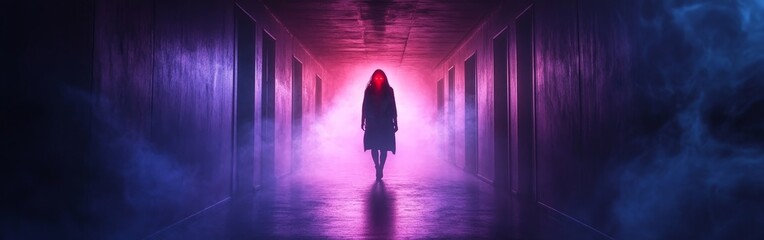Mysterious Figure in Hallway with Glowing Red Eyes