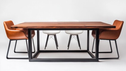 Rustic wood dining table with metal base and leather, white chairs.