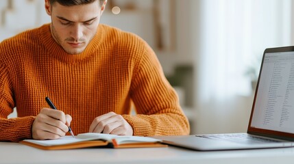 A focused individual in an orange sweater writes in a notebook while working on a laptop in a bright, cozy environment.