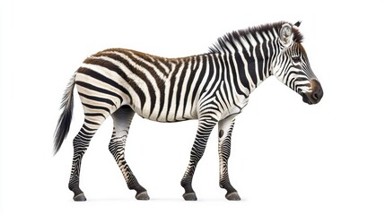 Fototapeta premium A young zebra, adorned with black stripes against a crisp white backdrop, stands gracefully in profile, its powerful legs poised for a stride, ready to capture the viewer imagination with its