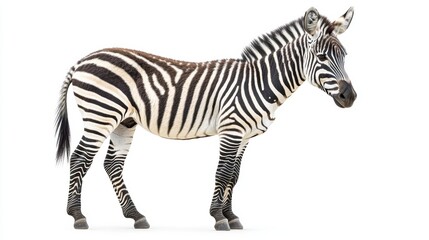 Fototapeta premium A young zebra, adorned with black stripes against a crisp white backdrop, stands gracefully in profile, its powerful legs poised for a stride, ready to capture the viewer imagination with its