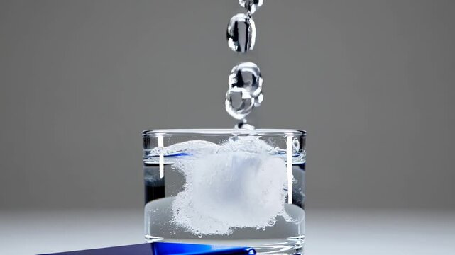 Blue smartphone sinking into water glass, generating bubbles, testing waterproof capabilities during controlled laboratory experiment with white background isolation
