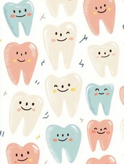 Seamless pattern of healthy teeth, implants, and happy smiles in pastel colors with a friendly medical vibe