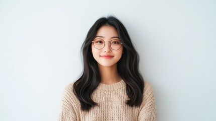 Obraz premium A young woman with glasses and long, wavy hair smiles warmly against a light wall background, creating a friendly and approachable vibe.