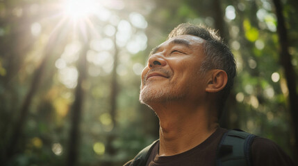 Man takes a deep breath while standing in a serene forest during daylight hours, embracing nature's tranquility and beauty