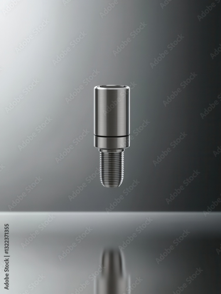 Poster floating titanium dental implant against a sleek metallic background showcasing high-tech precision 