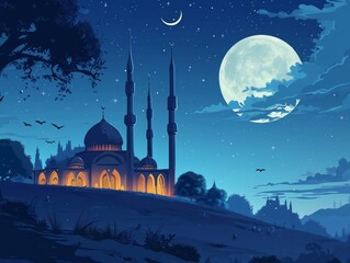 Beautiful Modern Mosque at Night with Moon and Starry Sky during Ramadan the Holy Month
