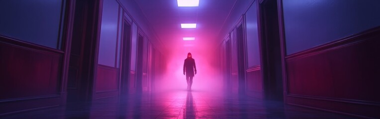 Mysterious Figure in Hallway with Glowing Red Eyes